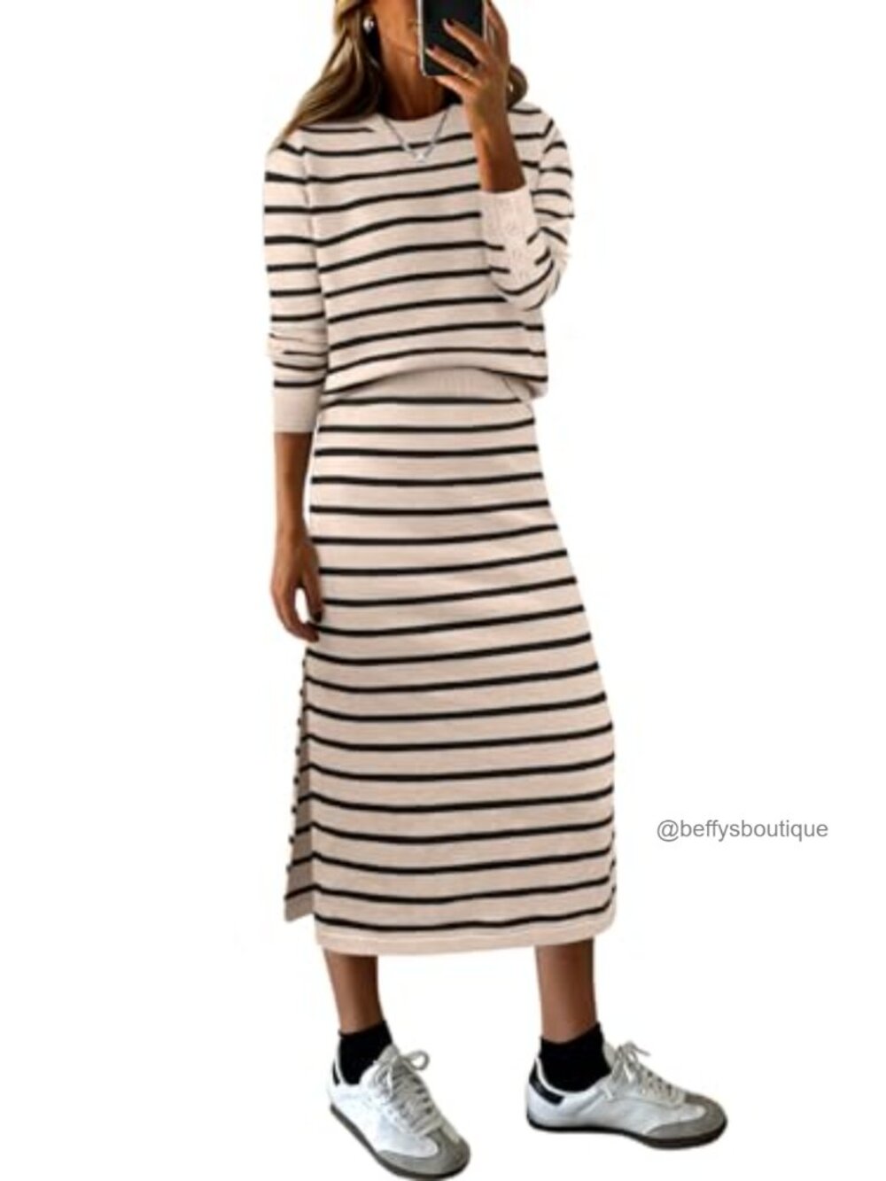 2 Piece Striped Knit Sweater Midi Skirt Set Long Sleeve Crew Neck